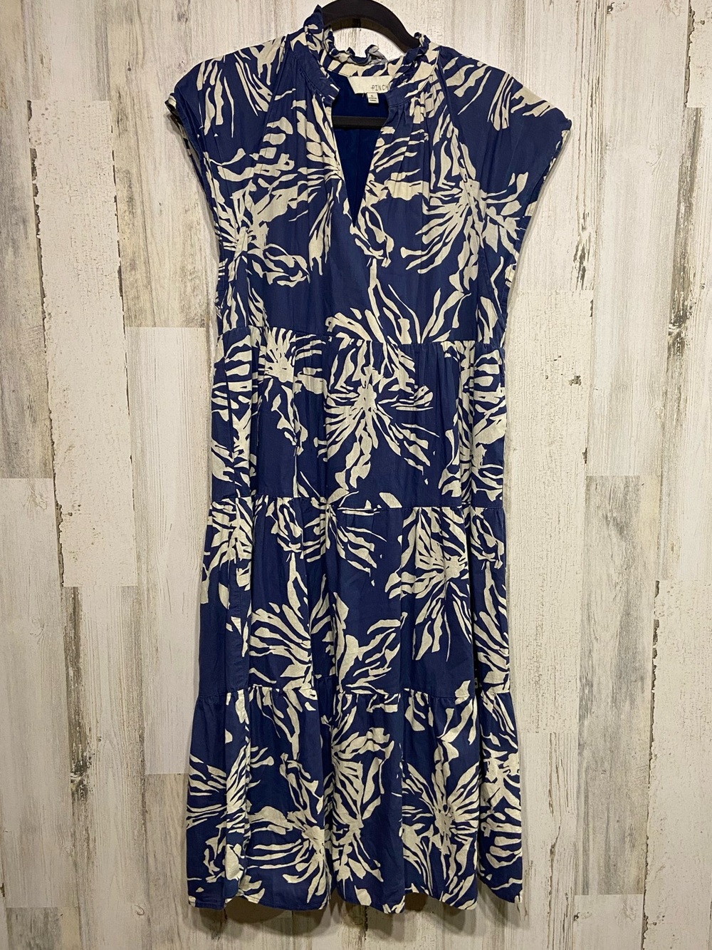 Pinch Navy Blue CreamTropical Tiered Midi Dress Small
